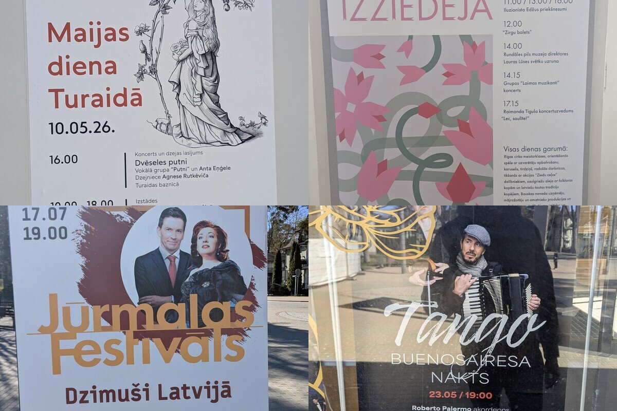 Quattro manifesti di eventi visti in giro per la Lettonia nella primavera 2026