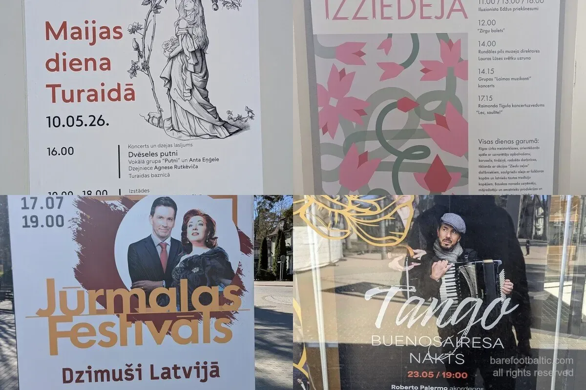 Quattro manifesti di eventi visti in giro per la Lettonia nella primavera 2026