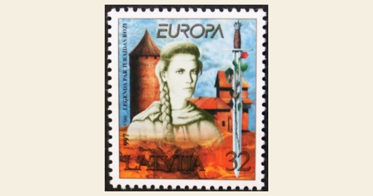Francobollo lettone EUROPA del 1997, Leggenda della Rosa di Turaida, disegno di Juris Utāns