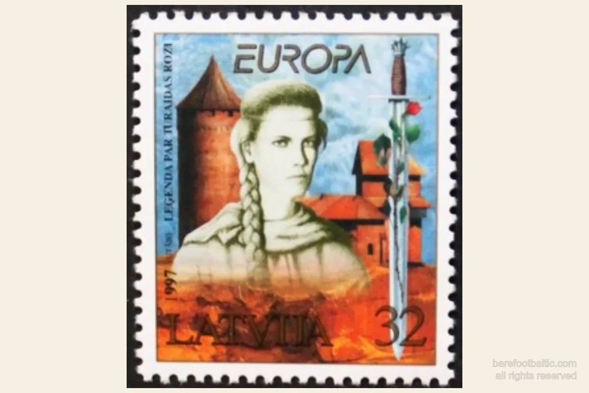 Francobollo lettone EUROPA del 1997, Leggenda della Rosa di Turaida, disegno di Juris Utāns