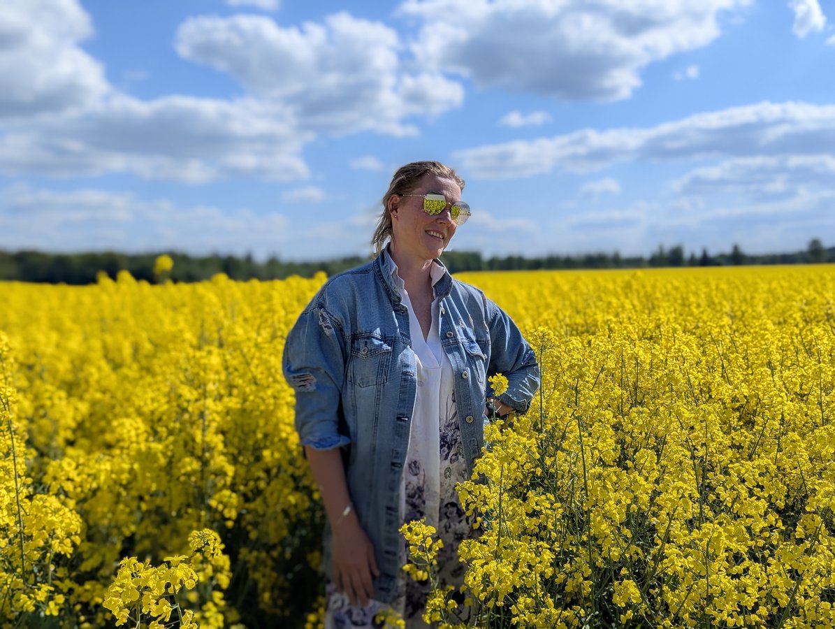 Un campo di colza in fiore, primavera nella valle della Gauja