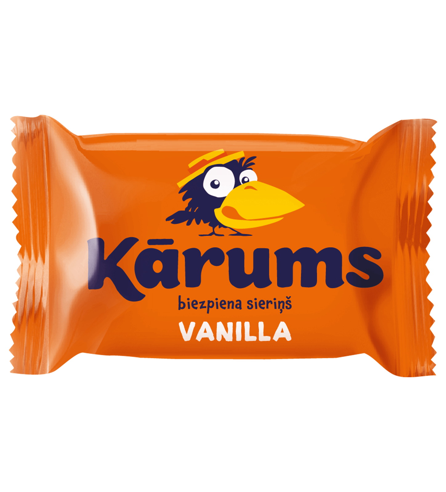 Kārums biezpiena sieriņš alla vaniglia, la barretta lettone di formaggio fresco senza cioccolato nel suo incarto arancione con il logo del corvo dei cartoni animati