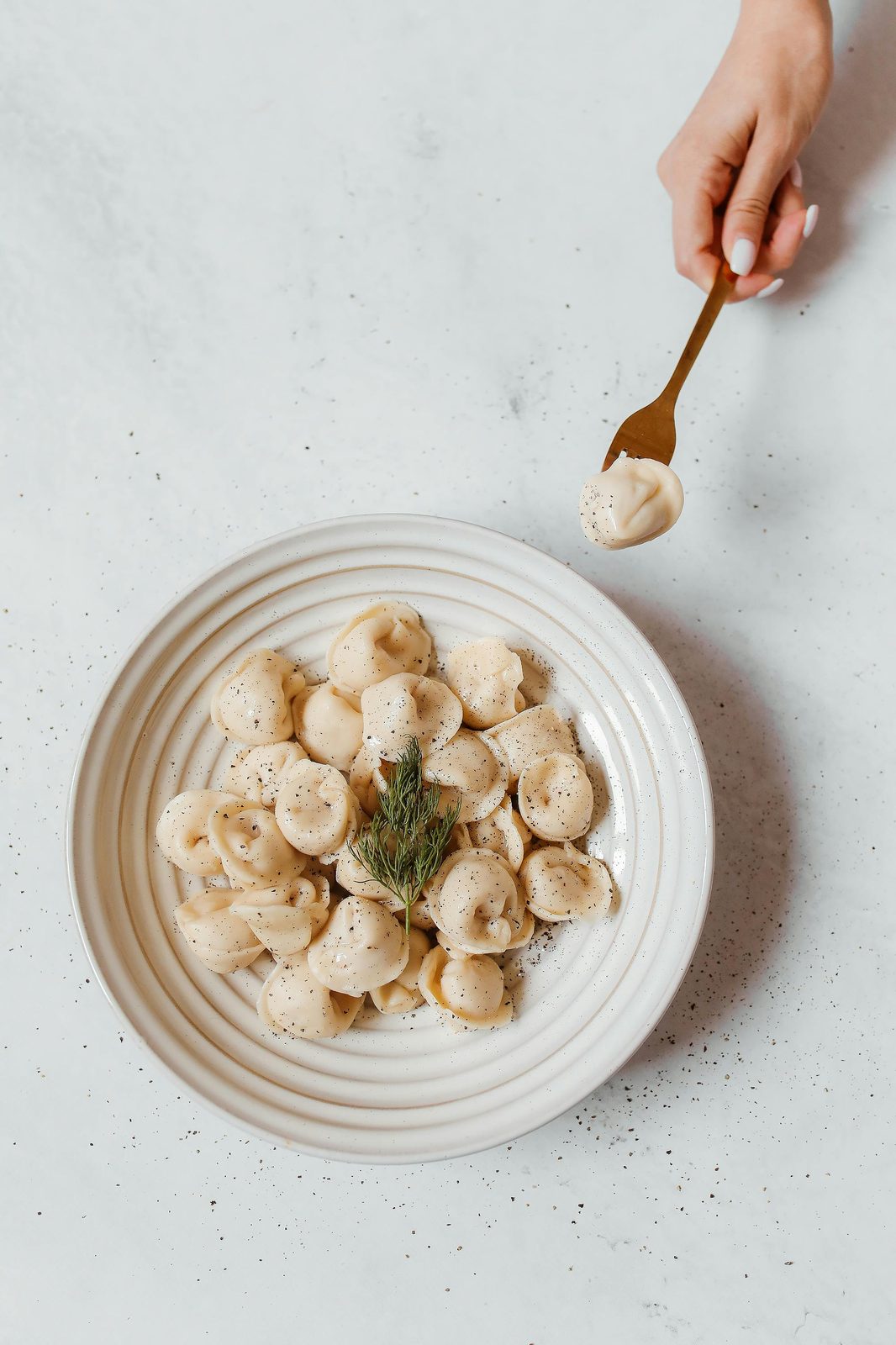Ravioli pelmeņi su un piatto bianco con un rametto di aneto, una mano ne solleva uno con la forchetta
